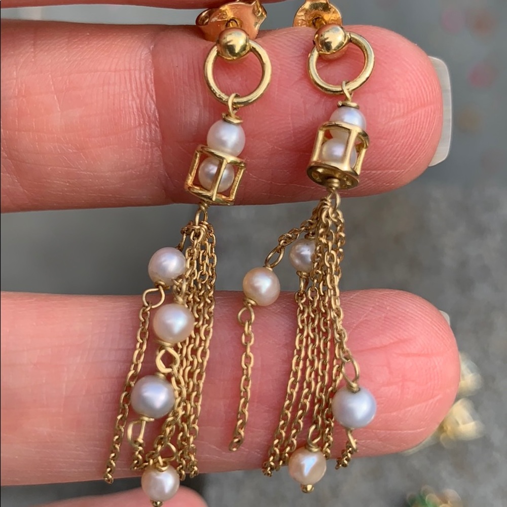 18 k gold pearl tassel earrings